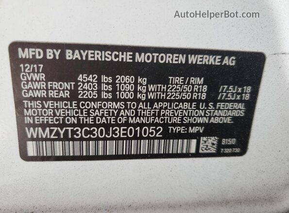 WMZYT3C30J3E01052 2018 MINI COOPER Белый 