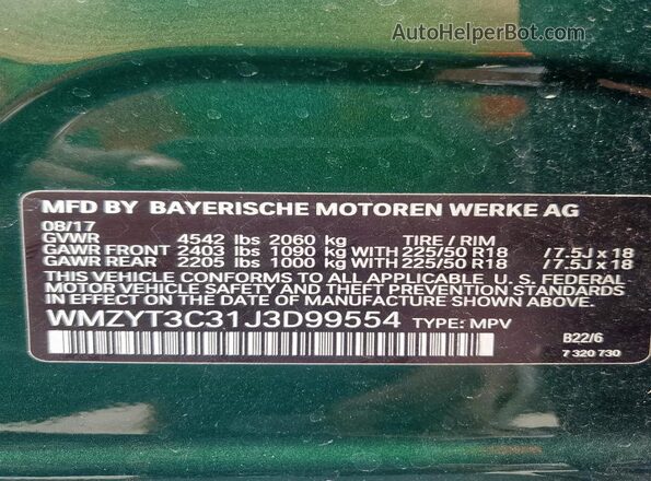 WMZYT3C31J3D99554 2018 MINI COOPER Зеленый 