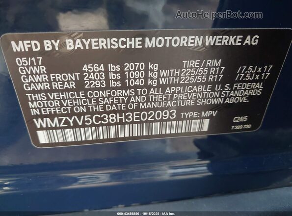 WMZYV5C38H3E02093 2017 MINI COUNTRYMAN Blue Вид підкапотного простору