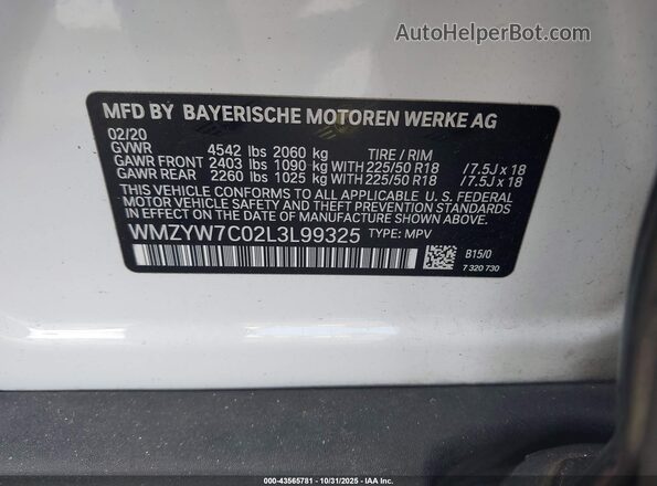 WMZYW7C02L3L99325 2020 MINI COUNTRYMAN White ძრავის განყოფილების ხედი