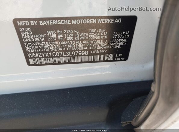 WMZYX1C07L3L97998 2020 MINI COUNTRYMAN White Vista del compartimento del motor