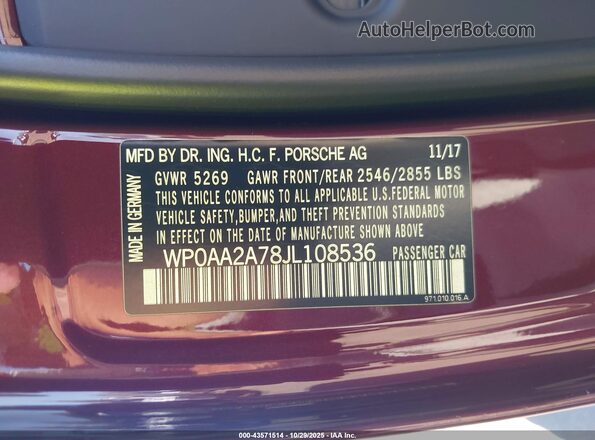 WP0AA2A78JL108536 2018 PORSCHE PANAMERA Champagne ძრავის განყოფილების ხედი