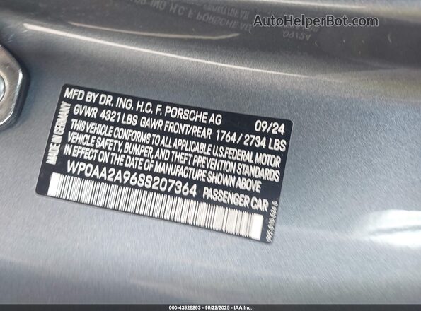 WP0AA2A96SS207364 2025 PORSCHE 911 Gray Widok komory silnika