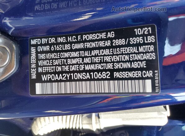 WP0AA2Y10NSA10682 2022 PORSCHE TAYCAN Синий Вид наклейки с VIN-кодом