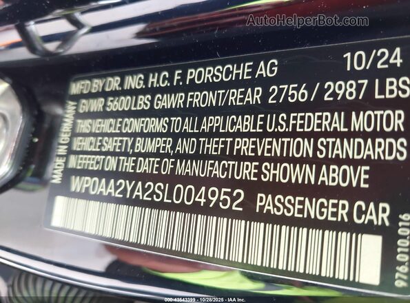 WP0AA2YA2SL004952 2025 PORSCHE PANAMERA Black Շարժիչի բաժամունքի տեսք