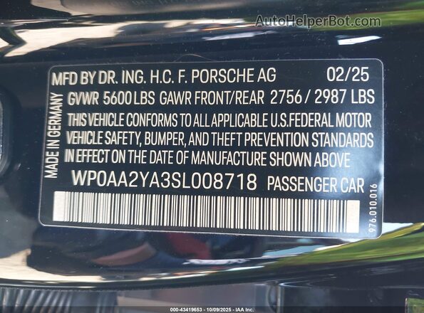 WP0AA2YA3SL008718 2025 PORSCHE PANAMERA Black Вид підкапотного простору