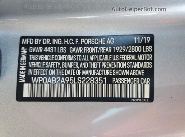 WP0AB2A95LS228351 2020 PORSCHE 911 Silver ძრავის განყოფილების ხედი