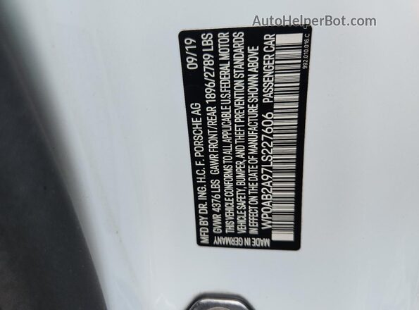 WP0AB2A97LS227606 2020 PORSCHE 911 White VIN կոդի պիտակի տեսք