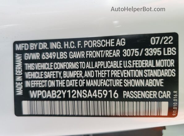WP0AB2Y12NSA45916 2022 PORSCHE TAYCAN White VIN კოდის სტიკერის ხედი