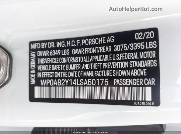 WP0AB2Y14LSA50175 2020 PORSCHE TAYCAN White Շարժիչի բաժամունքի տեսք