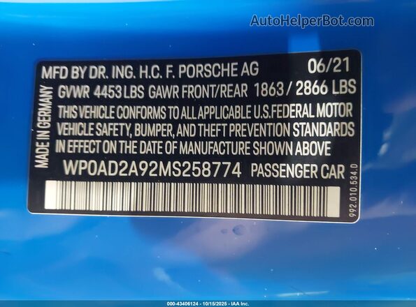 WP0AD2A92MS258774 2021 PORSCHE 911 Blue ძრავის განყოფილების ხედი