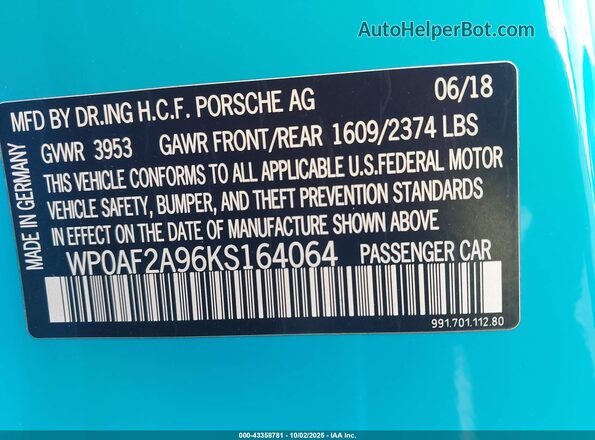 WP0AF2A96KS164064 2019 PORSCHE 911 Blue Widok komory silnika