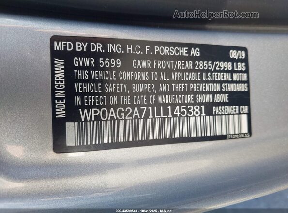 WP0AG2A71LL145381 2020 PORSCHE PANAMERA Silver Vista del compartimento del motor