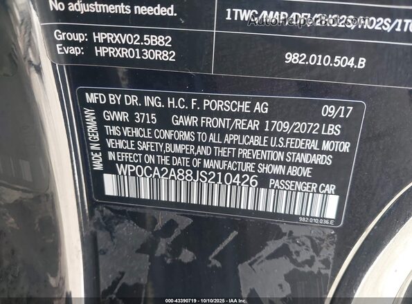 WP0CA2A88JS210426 2018 PORSCHE BOXSTER Черный Вид подкапотного пространства