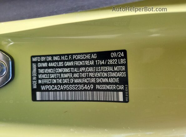 WP0CA2A95SS235469 2025 PORSCHE 911 Желтый Вид наклейки с VIN-кодом