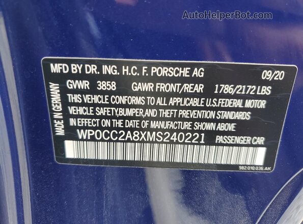 WP0CC2A8XMS240221 2021 PORSCHE BOXSTER Blue Engine compartment view
