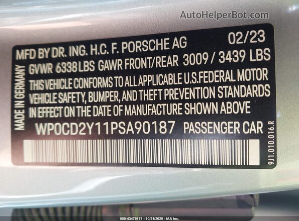 WP0CD2Y11PSA90187 2023 PORSCHE TAYCAN Silver Շարժիչի բաժամունքի տեսք