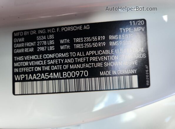 WP1AA2A54MLB00970 2021 PORSCHE MACAN Белый Вид наклейки с VIN-кодом