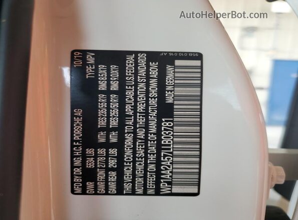 WP1AA2A57LLB03781 2020 PORSCHE MACAN White Вид наклейки з VIN-кодом