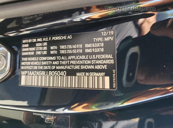 WP1AA2A58LLB05040 2020 PORSCHE MACAN Blue VIN კოდის სტიკერის ხედი