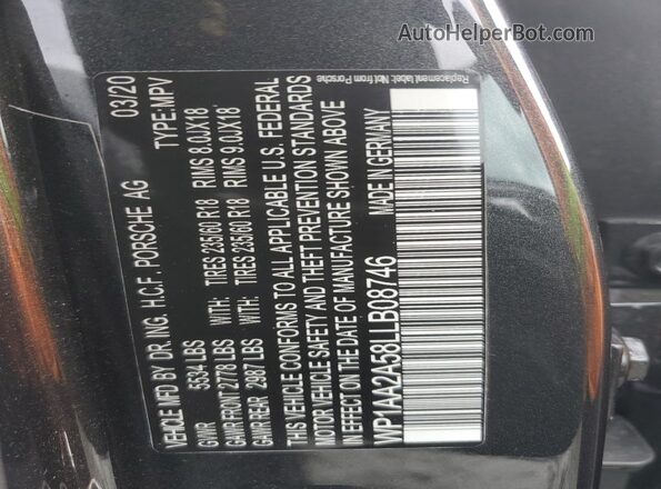 WP1AA2A58LLB08746 2020 PORSCHE MACAN Gray VIN კოდის სტიკერის ხედი
