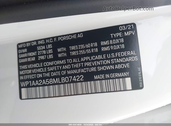 WP1AA2A58MLB07422 2021 PORSCHE MACAN White Engine compartment view