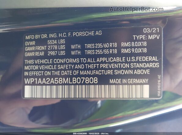 WP1AA2A58MLB07808 2021 PORSCHE MACAN Blue Widok komory silnika
