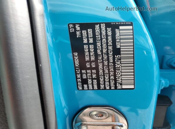 WP1AA2A5XLLB04715 2020 PORSCHE MACAN Turquoise Вид підкапотного простору