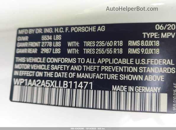 WP1AA2A5XLLB11471 2020 PORSCHE MACAN White Շարժիչի բաժամունքի տեսք
