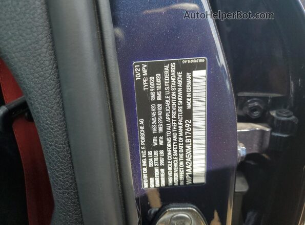 WP1AA2A5XMLB17692 2021 PORSCHE MACAN Blue VIN sticker view