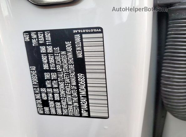 WP1AA2AY1MDA06839 2021 PORSCHE CAYENNE White Vista de la etiqueta del VIN
