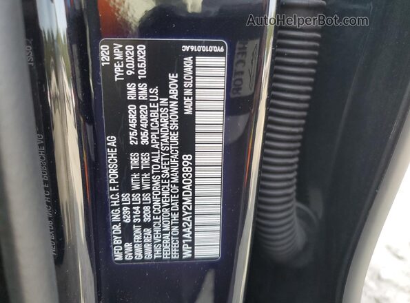 WP1AA2AY2MDA03898 2021 PORSCHE CAYENNE Black Vista de la etiqueta del VIN