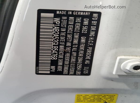WP1AB2A52GLB54768 2016 PORSCHE MACAN White Вид наклейки з VIN-кодом