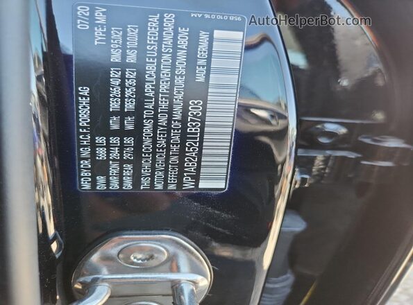 WP1AB2A52LLB37303 2020 PORSCHE MACAN Черный Вид наклейки с VIN-кодом