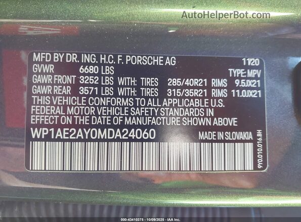 WP1AE2AY0MDA24060 2021 PORSCHE CAYENNE Серый Вид подкапотного пространства