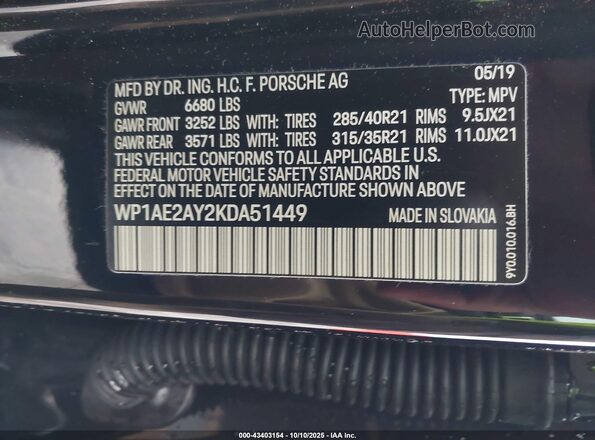 WP1AE2AY2KDA51449 2019 PORSCHE CAYENNE Black Widok komory silnika