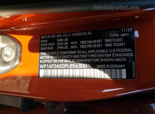 WP1AF2A50PLB56300 2023 PORSCHE MACAN Orange Вид наклейки з VIN-кодом