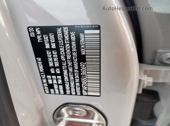 WP1AF2A55LLB60692 2020 PORSCHE MACAN Gray VIN კოდის სტიკერის ხედი