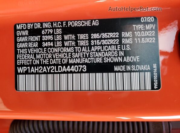 WP1AH2AY2LDA44073 2020 PORSCHE CAYENNE Orange 