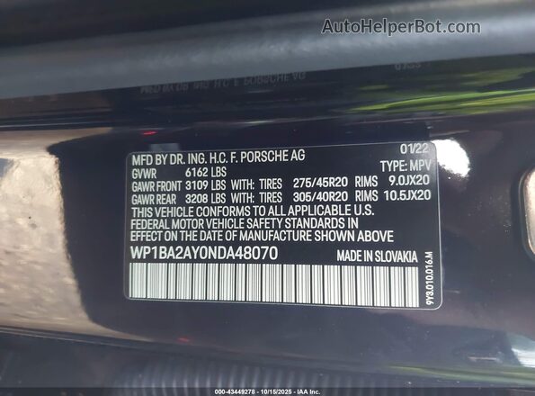 WP1BA2AY0NDA48070 2022 PORSCHE CAYENNE Черный Вид подкапотного пространства