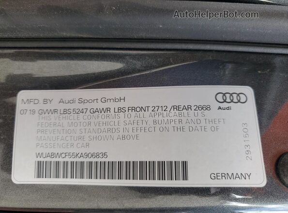 WUABWCF55KA906835 2019 AUDI RS5 Gray Vista del compartimento del motor