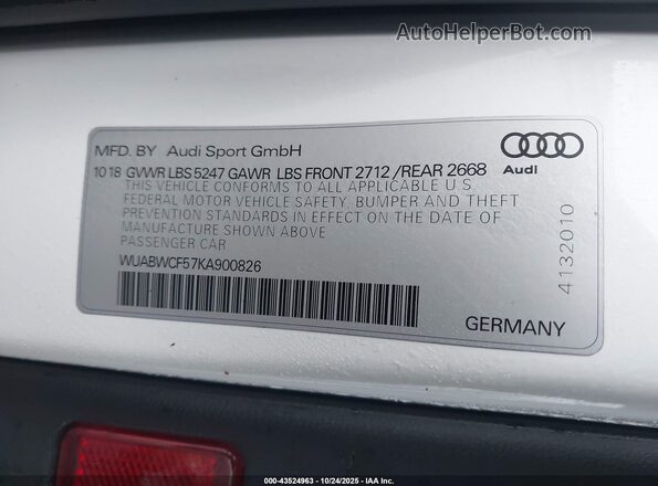 WUABWCF57KA900826 2019 AUDI RS5 White Вид підкапотного простору
