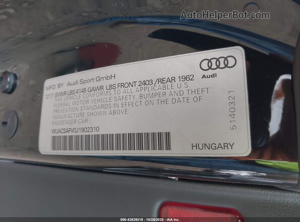 WUACSAFV0J1902310 2018 AUDI TT Black ძრავის განყოფილების ხედი