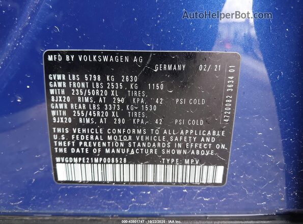 WVGDMPE21MP008528 2021 VOLKSWAGEN ID.4 Blue Вид підкапотного простору