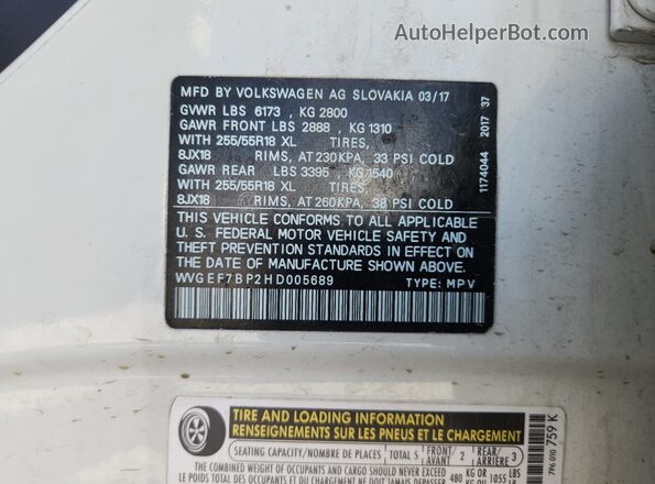 WVGEF7BP2HD005689 2017 VOLKSWAGEN TOUAREG Белый Вид подкапотного пространства