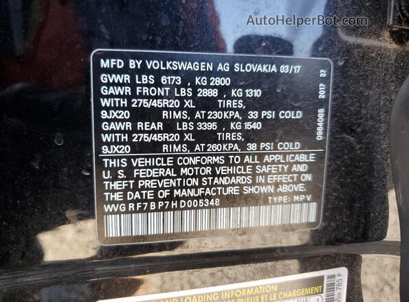 WVGRF7BP7HD005348 2017 VOLKSWAGEN TOUAREG Черный Вид наклейки с VIN-кодом