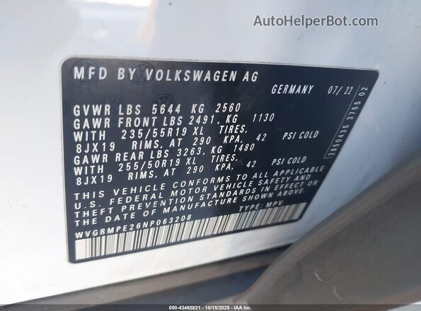 WVGRMPE26NP063208 2022 VOLKSWAGEN ID.4 White Engine compartment view