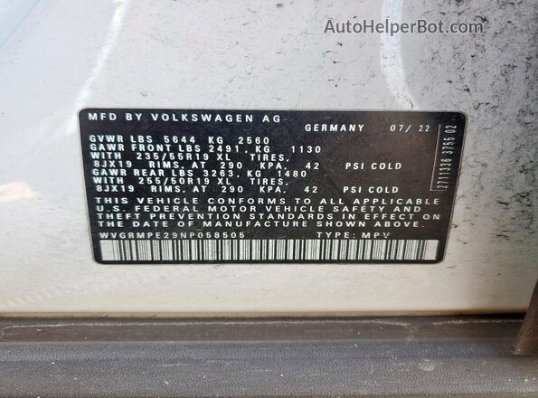 WVGRMPE29NP058505 2022 VOLKSWAGEN ID.4 White Вид наклейки з VIN-кодом