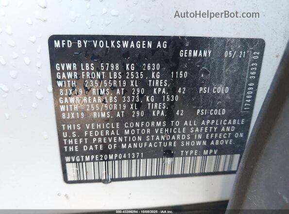 WVGTMPE20MP041371 2021 VOLKSWAGEN ID.4 White Շարժիչի բաժամունքի տեսք