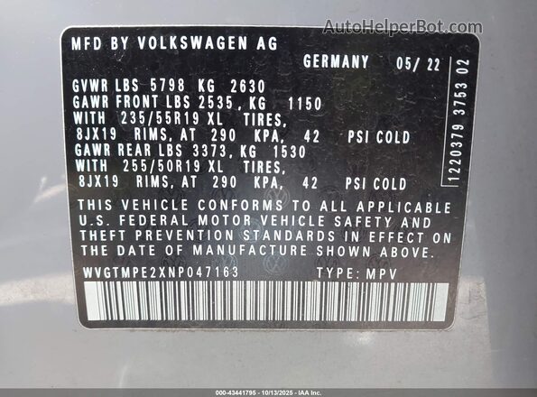 WVGTMPE2XNP047163 2022 VOLKSWAGEN ID.4 Pewter Շարժիչի բաժամունքի տեսք